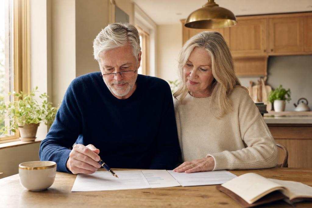 Bucket Planning With a Pension: How the Math Actually Changes 1 White couple in their early 60s reviewing a pension election letter and a one-page retirement income summary at a sunlit kitchen table, brass pendant lamp and brass-rimmed cream mug nearby — bucket planning with a pension featured image