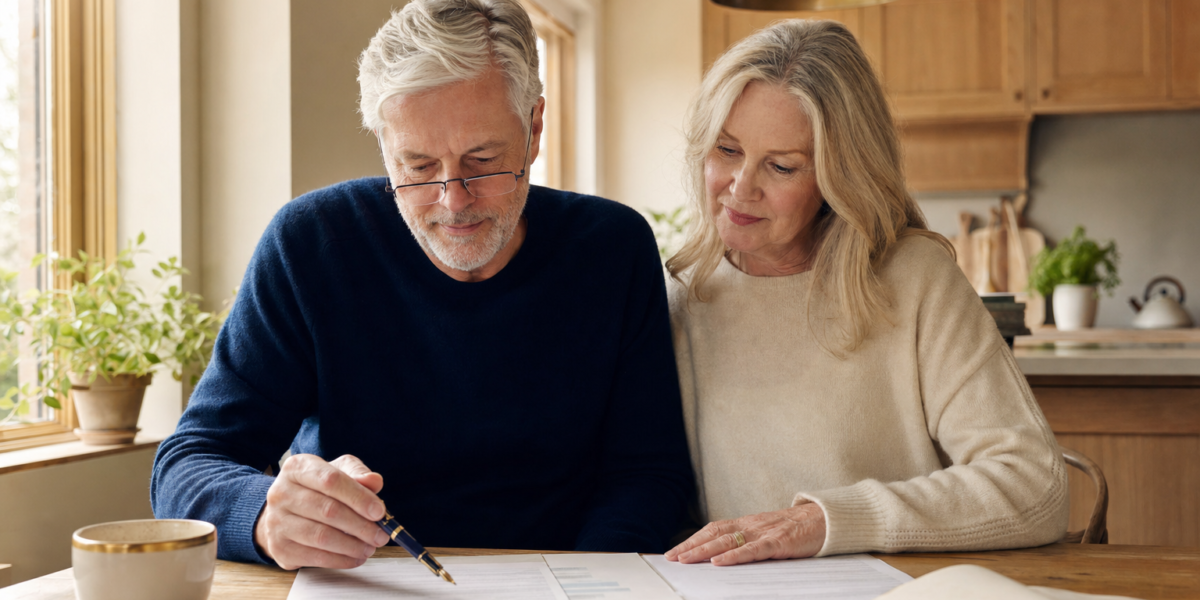 White couple in their early 60s reviewing a pension election letter and a one-page retirement income summary at a sunlit kitchen table, brass pendant lamp and brass-rimmed cream mug nearby — bucket planning with a pension featured image