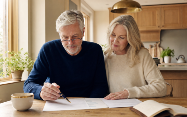 White couple in their early 60s reviewing a pension election letter and a one-page retirement income summary at a sunlit kitchen table, brass pendant lamp and brass-rimmed cream mug nearby — bucket planning with a pension featured image