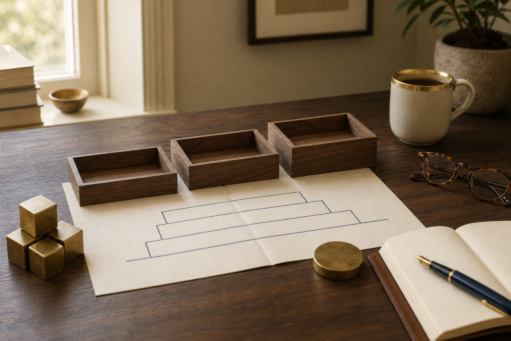 Bucket Planning Without a Pension: Building the Income Floor From Scratch 1 Editorial still-life: three small empty wooden trays lined up left to right at slightly increasing heights, a folded cream paper with a navy-ink architectural foundation diagram, brass building cube blocks, paperweight, leather notebook with navy fountain pen, brass-rimmed cream mug on a warm walnut desk in soft morning light.