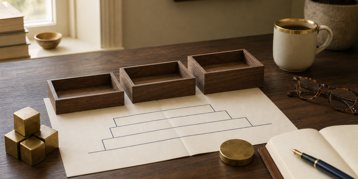 Editorial still-life: three small empty wooden trays lined up left to right at slightly increasing heights, a folded cream paper with a navy-ink architectural foundation diagram, brass building cube blocks, paperweight, leather notebook with navy fountain pen, brass-rimmed cream mug on a warm walnut desk in soft morning light.