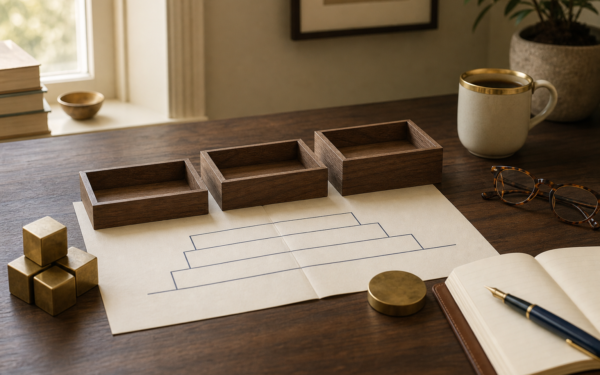 Editorial still-life: three small empty wooden trays lined up left to right at slightly increasing heights, a folded cream paper with a navy-ink architectural foundation diagram, brass building cube blocks, paperweight, leather notebook with navy fountain pen, brass-rimmed cream mug on a warm walnut desk in soft morning light.