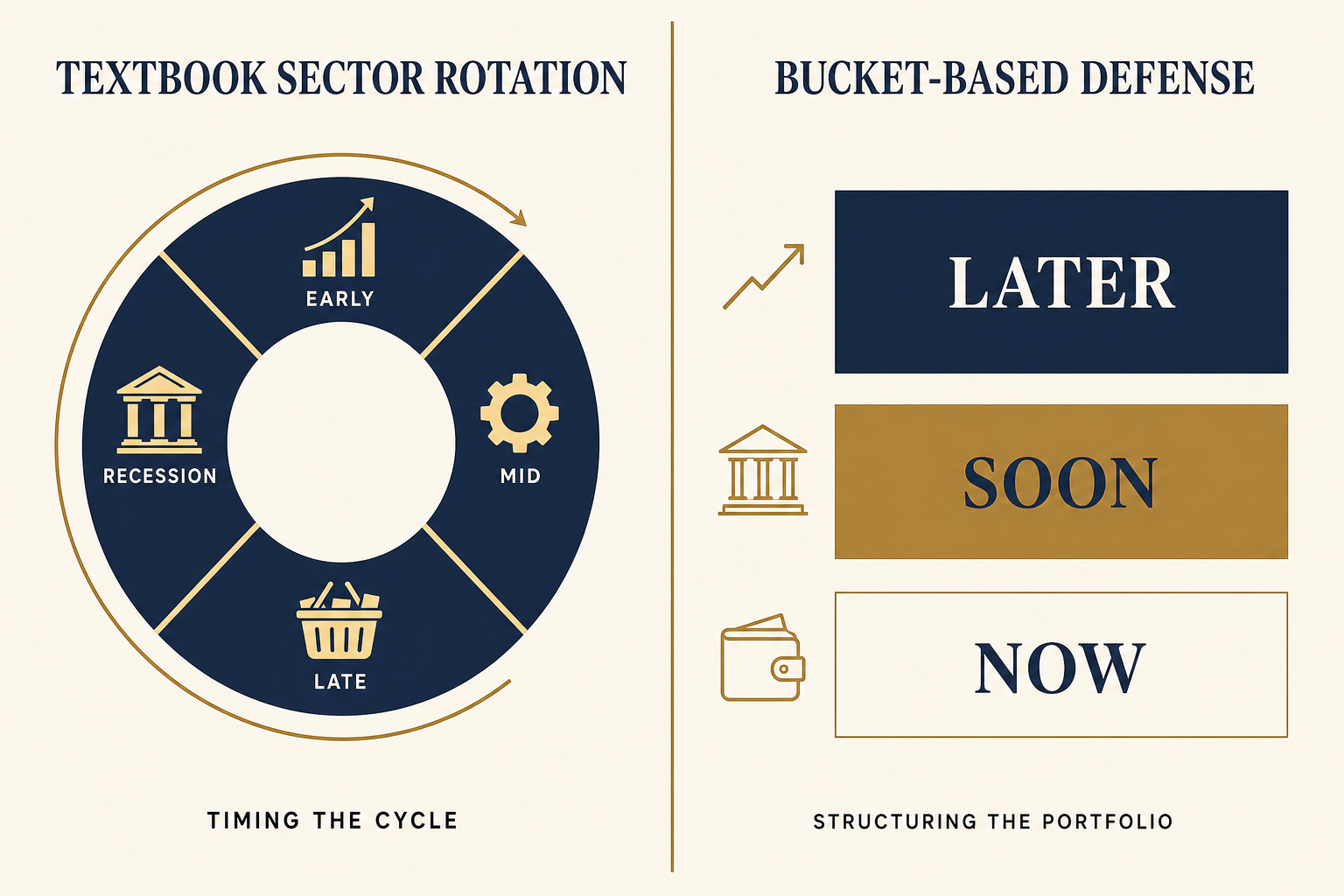 Side-by-side editorial infographic. Left column: textbook sector rotation shown as a four-quadrant cycle diagram labeled Early, Mid, Late, Recession with a rotation arrow. Right column: bucket-based defense shown as three stacked rectangles labeled Now, Soon, Later.