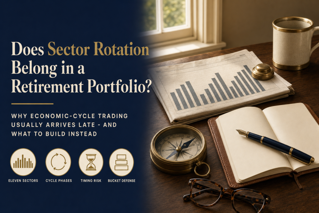 Editorial title card reading Does Sector Rotation Belong in a Retirement Portfolio with a desk still-life of a folded newspaper showing an eleven-bar chart, a brass compass with the needle wavering, a leather notebook, brass paperweight, and reading glasses.
