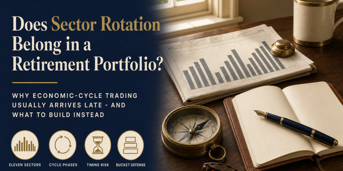 Editorial title card reading Does Sector Rotation Belong in a Retirement Portfolio with a desk still-life of a folded newspaper showing an eleven-bar chart, a brass compass with the needle wavering, a leather notebook, brass paperweight, and reading glasses.
