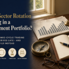 Editorial title card reading Does Sector Rotation Belong in a Retirement Portfolio with a desk still-life of a folded newspaper showing an eleven-bar chart, a brass compass with the needle wavering, a leather notebook, brass paperweight, and reading glasses.