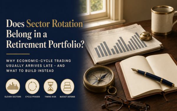 Editorial title card reading Does Sector Rotation Belong in a Retirement Portfolio with a desk still-life of a folded newspaper showing an eleven-bar chart, a brass compass with the needle wavering, a leather notebook, brass paperweight, and reading glasses.