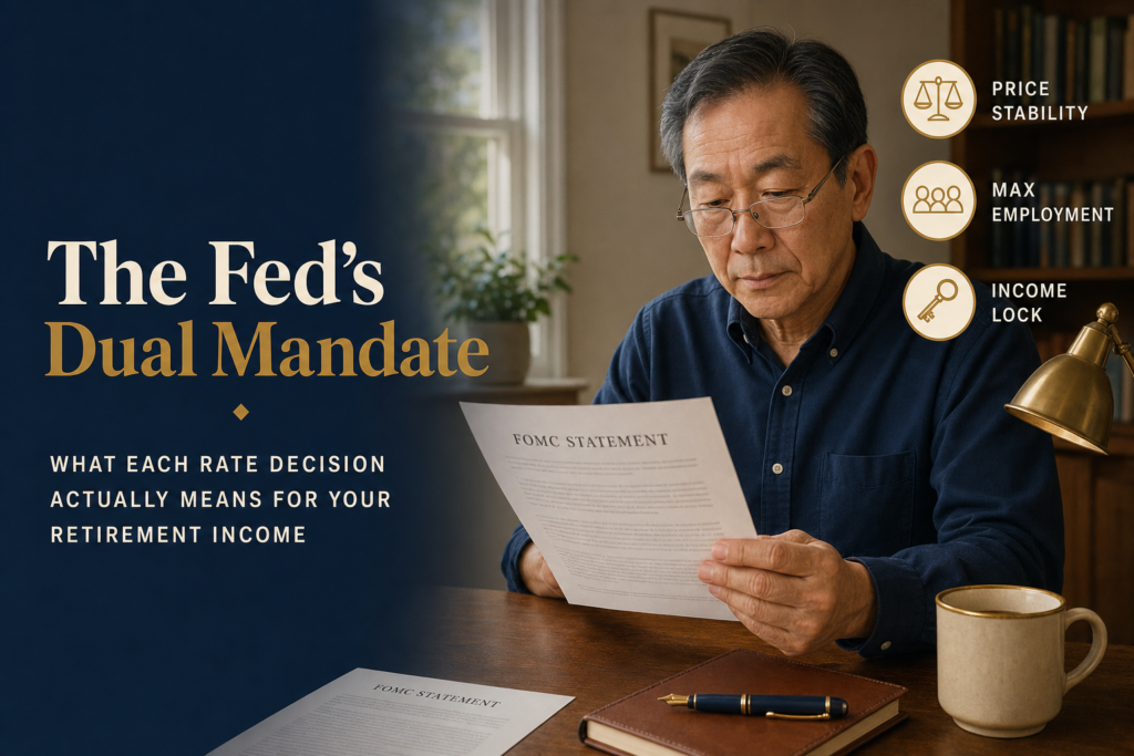 Editorial title-card: navy headline panel reading The Fed's Dual Mandate with Dual Mandate in aged brass, subhead WHAT EACH RATE DECISION ACTUALLY MEANS FOR YOUR RETIREMENT INCOME, plus a photo of an East Asian man in his early 60s at a sunlit home-office desk reading an FOMC statement; three icon callouts (Price Stability, Max Employment, Income Lock)