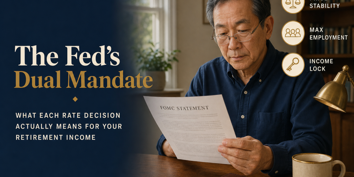 Editorial title-card: navy headline panel reading The Fed's Dual Mandate with Dual Mandate in aged brass, subhead WHAT EACH RATE DECISION ACTUALLY MEANS FOR YOUR RETIREMENT INCOME, plus a photo of an East Asian man in his early 60s at a sunlit home-office desk reading an FOMC statement; three icon callouts (Price Stability, Max Employment, Income Lock)