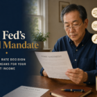 Editorial title-card: navy headline panel reading The Fed's Dual Mandate with Dual Mandate in aged brass, subhead WHAT EACH RATE DECISION ACTUALLY MEANS FOR YOUR RETIREMENT INCOME, plus a photo of an East Asian man in his early 60s at a sunlit home-office desk reading an FOMC statement; three icon callouts (Price Stability, Max Employment, Income Lock)