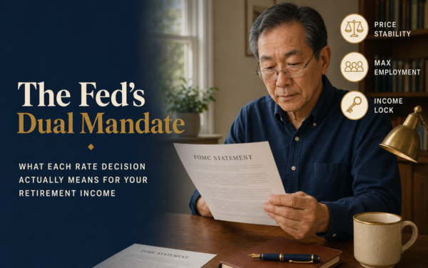 Editorial title-card: navy headline panel reading The Fed's Dual Mandate with Dual Mandate in aged brass, subhead WHAT EACH RATE DECISION ACTUALLY MEANS FOR YOUR RETIREMENT INCOME, plus a photo of an East Asian man in his early 60s at a sunlit home-office desk reading an FOMC statement; three icon callouts (Price Stability, Max Employment, Income Lock)
