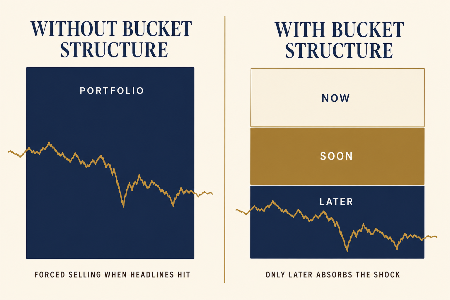 A clean two-column editorial comparison showing the same market shock affecting a single undifferentiated portfolio on the left versus only the bottom 'LATER' band of a three-bucket Now/Soon/Later architecture on the right.