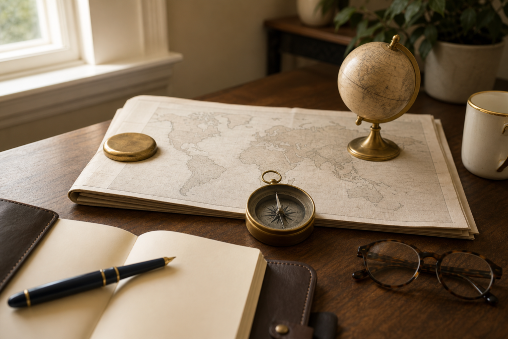 Geopolitics and Your Retirement Portfolio: When It Actually Matters 1 A walnut desk in soft morning light with a folded broadsheet newspaper showing a softly stylized world map, an antique brass nautical compass pointing steadily north, a small brass desk globe, a leather notebook, and a brass-rimmed cream mug — an editorial still-life evoking calm long-term perspective amid geopolitical news.