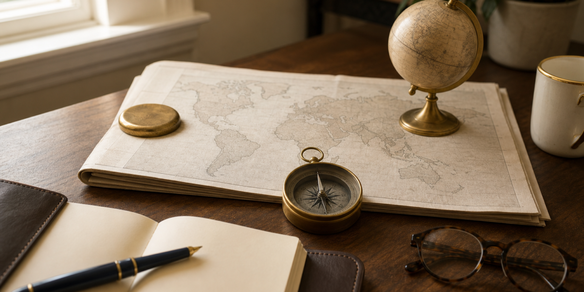 A walnut desk in soft morning light with a folded broadsheet newspaper showing a softly stylized world map, an antique brass nautical compass pointing steadily north, a small brass desk globe, a leather notebook, and a brass-rimmed cream mug — an editorial still-life evoking calm long-term perspective amid geopolitical news.
