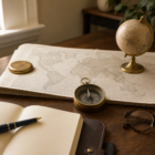 A walnut desk in soft morning light with a folded broadsheet newspaper showing a softly stylized world map, an antique brass nautical compass pointing steadily north, a small brass desk globe, a leather notebook, and a brass-rimmed cream mug — an editorial still-life evoking calm long-term perspective amid geopolitical news.
