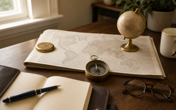 A walnut desk in soft morning light with a folded broadsheet newspaper showing a softly stylized world map, an antique brass nautical compass pointing steadily north, a small brass desk globe, a leather notebook, and a brass-rimmed cream mug — an editorial still-life evoking calm long-term perspective amid geopolitical news.