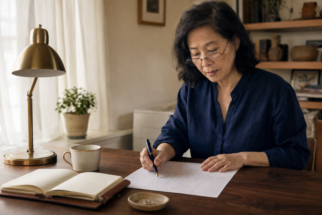 East Asian woman in her early 60s at a home-office desk reviewing a category-by-category household budget worksheet, soft morning light, brass desk lamp, calm focused expression.