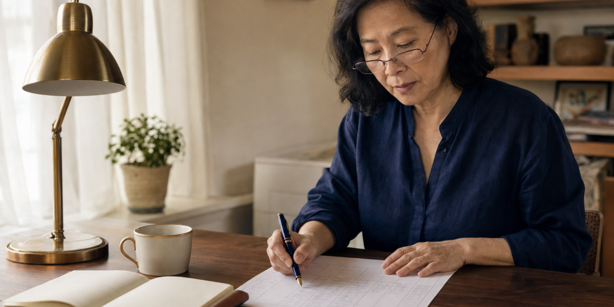 East Asian woman in her early 60s at a home-office desk reviewing a category-by-category household budget worksheet, soft morning light, brass desk lamp, calm focused expression.