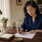 East Asian woman in her early 60s at a home-office desk reviewing a category-by-category household budget worksheet, soft morning light, brass desk lamp, calm focused expression.