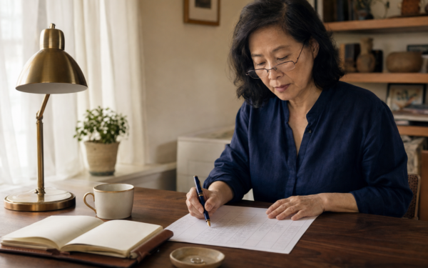 East Asian woman in her early 60s at a home-office desk reviewing a category-by-category household budget worksheet, soft morning light, brass desk lamp, calm focused expression.