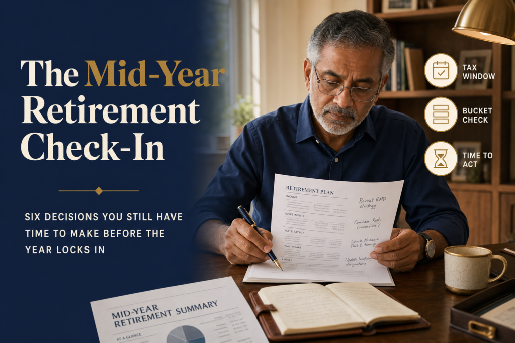 The Mid-Year Retirement Check-In: Six Decisions You Still Have Time to Make 1 Editorial title-card hybrid image — navy panel reading The Mid-Year Retirement Check-In, subhead SIX DECISIONS YOU STILL HAVE TIME TO MAKE BEFORE THE YEAR LOCKS IN, alongside a South Asian man in his early 60s at a sunlit walnut home-office desk reviewing a one-page printed retirement plan with handwritten notes, three icon callouts TAX WINDOW BUCKET CHECK TIME TO ACT