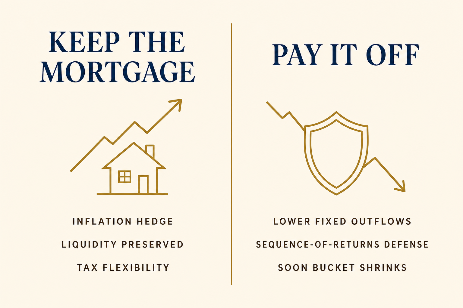 Paying Off the Mortgage in Retirement: The Real Math 2 Two-column comparison: Keep the Mortgage protects inflation hedge, liquidity, tax flexibility; Pay It Off protects lower fixed outflows, sequence-of-returns defense, smaller Soon bucket