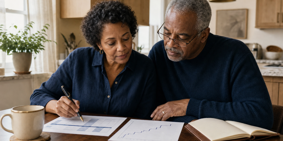A Black couple in their early 60s reviewing tax planning worksheets at a sunlit kitchen table — illustrating the Roth conversion window between retirement and Social Security
