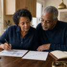 A Black couple in their early 60s reviewing tax planning worksheets at a sunlit kitchen table — illustrating the Roth conversion window between retirement and Social Security