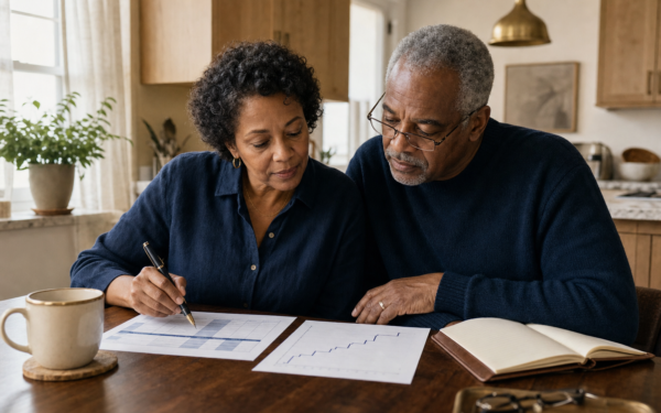 A Black couple in their early 60s reviewing tax planning worksheets at a sunlit kitchen table — illustrating the Roth conversion window between retirement and Social Security