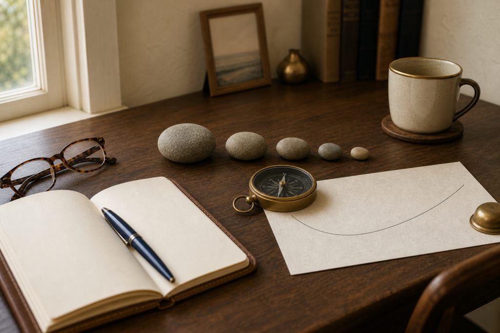 Sequence of Returns Risk and Three Defenses That Actually Work 1 Editorial still-life of a walnut desk with five smooth stones arranged largest to smallest as a timeline, an antique brass compass, a leather notebook with a navy fountain pen, and a brass-rimmed cream mug in soft morning light
