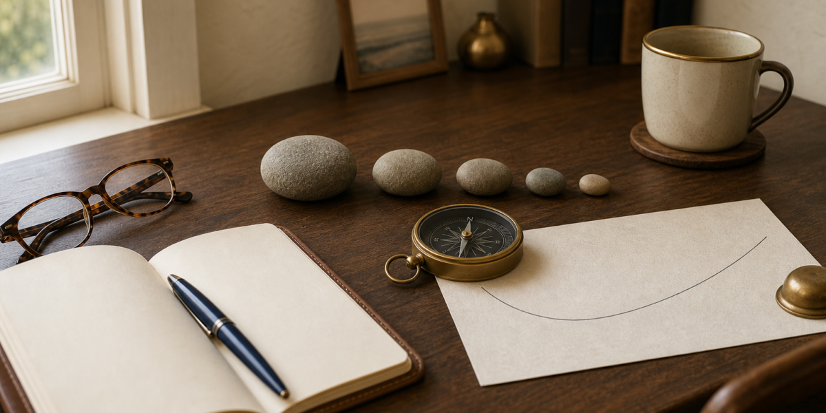 Editorial still-life of a walnut desk with five smooth stones arranged largest to smallest as a timeline, an antique brass compass, a leather notebook with a navy fountain pen, and a brass-rimmed cream mug in soft morning light