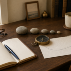 Editorial still-life of a walnut desk with five smooth stones arranged largest to smallest as a timeline, an antique brass compass, a leather notebook with a navy fountain pen, and a brass-rimmed cream mug in soft morning light