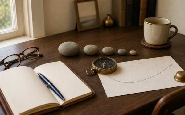 Editorial still-life of a walnut desk with five smooth stones arranged largest to smallest as a timeline, an antique brass compass, a leather notebook with a navy fountain pen, and a brass-rimmed cream mug in soft morning light