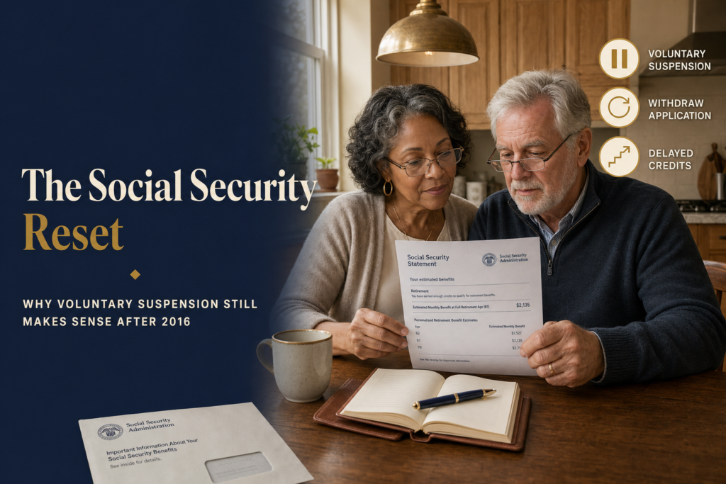 Social Security Suspension: When It Still Makes Sense 1 Editorial title card with headline 'The Social Security Reset' on a navy panel beside a sunlit photo of a mixed-race couple in their late 60s reviewing a Social Security statement at a kitchen table, with three brass-outlined icon callouts: Voluntary Suspension, Withdraw Application, Delayed Credits.