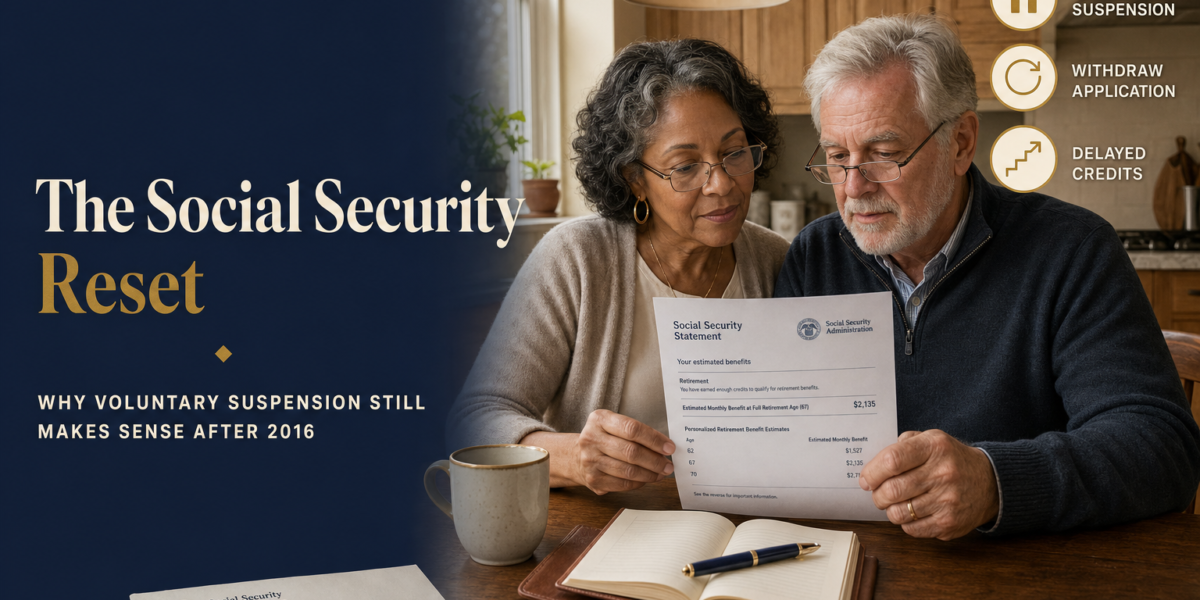 Editorial title card with headline 'The Social Security Reset' on a navy panel beside a sunlit photo of a mixed-race couple in their late 60s reviewing a Social Security statement at a kitchen table, with three brass-outlined icon callouts: Voluntary Suspension, Withdraw Application, Delayed Credits.