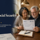 Editorial title card with headline 'The Social Security Reset' on a navy panel beside a sunlit photo of a mixed-race couple in their late 60s reviewing a Social Security statement at a kitchen table, with three brass-outlined icon callouts: Voluntary Suspension, Withdraw Application, Delayed Credits.