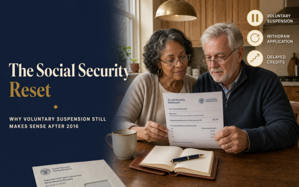 Editorial title card with headline 'The Social Security Reset' on a navy panel beside a sunlit photo of a mixed-race couple in their late 60s reviewing a Social Security statement at a kitchen table, with three brass-outlined icon callouts: Voluntary Suspension, Withdraw Application, Delayed Credits.