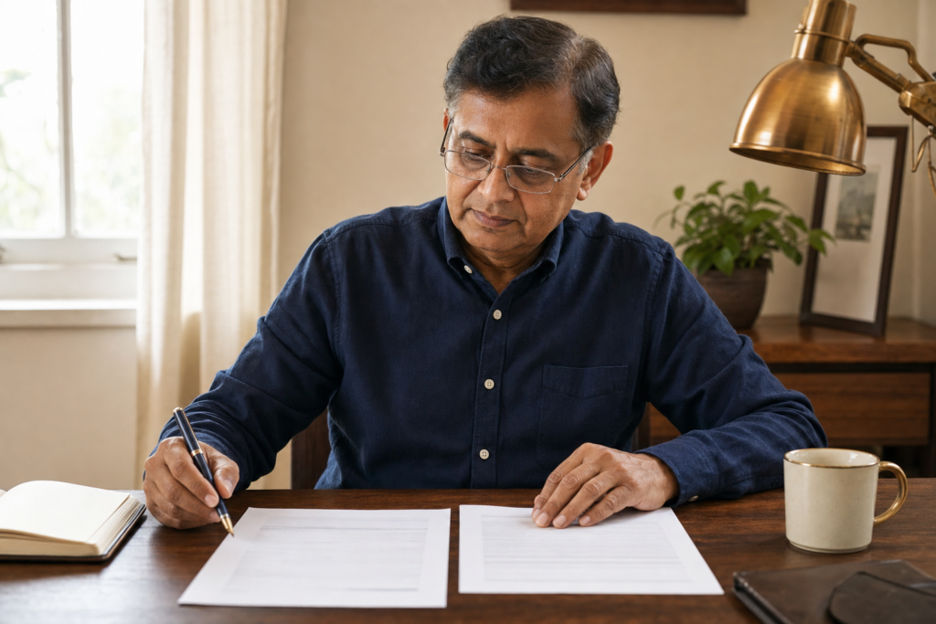From SSDI to Retirement: What Changes When You Hit Full Retirement Age 1 A South Asian man in his early 60s at a walnut home-office desk comparing a Social Security Administration award letter with a retirement benefits estimate, soft morning light from a window on the left.