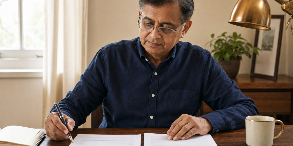 A South Asian man in his early 60s at a walnut home-office desk comparing a Social Security Administration award letter with a retirement benefits estimate, soft morning light from a window on the left.