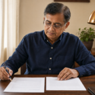 A South Asian man in his early 60s at a walnut home-office desk comparing a Social Security Administration award letter with a retirement benefits estimate, soft morning light from a window on the left.