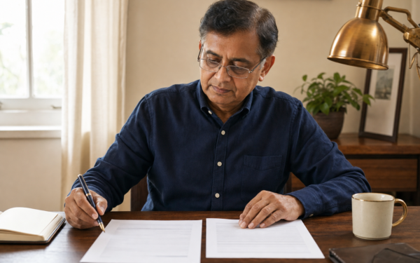 A South Asian man in his early 60s at a walnut home-office desk comparing a Social Security Administration award letter with a retirement benefits estimate, soft morning light from a window on the left.