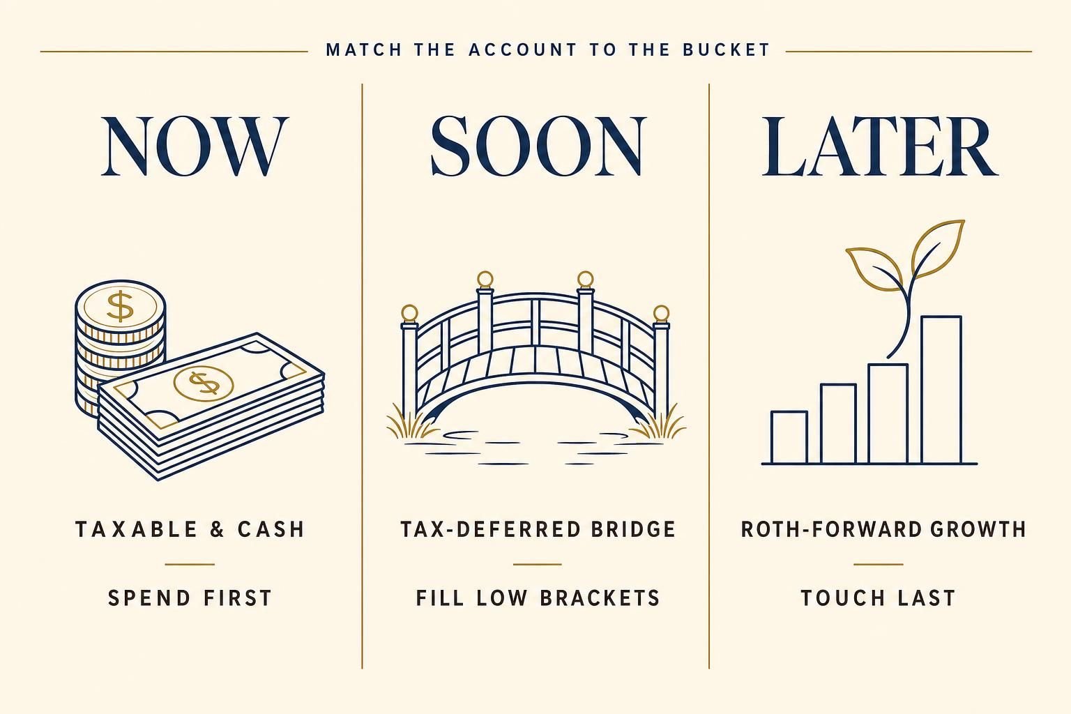 Three retirement account types mapped onto the Now, Soon, and Later buckets — taxable to Now, tax-deferred to Soon, Roth to Later