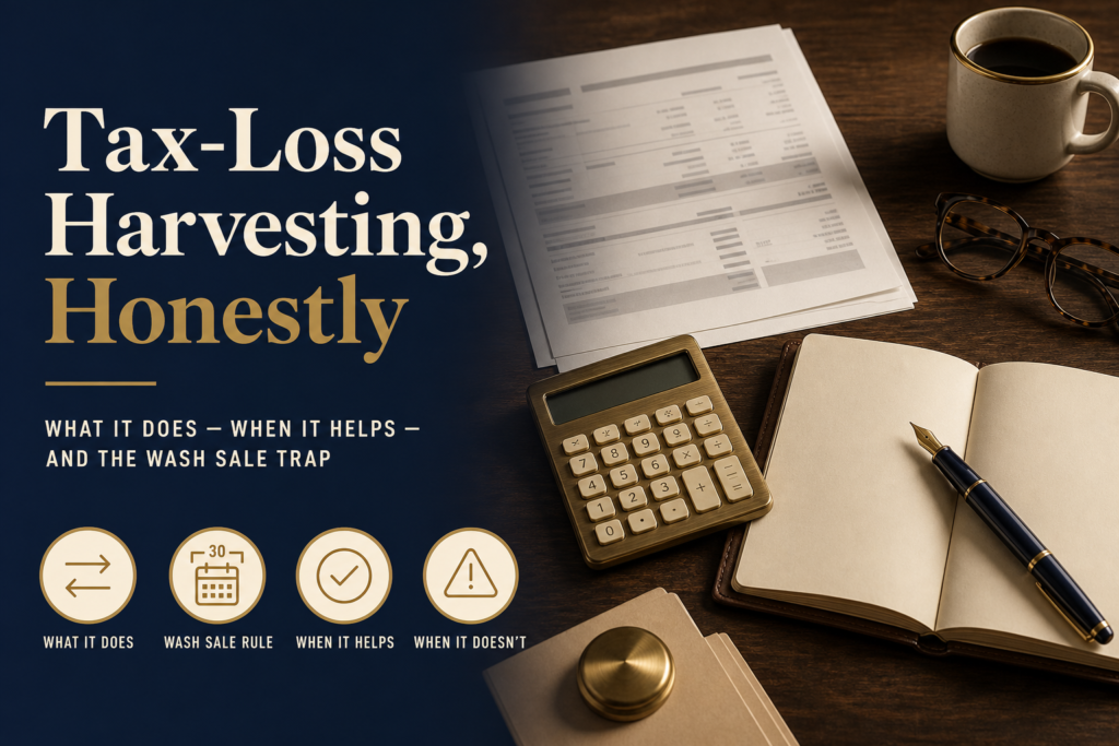 Editorial title card reading Tax-Loss Harvesting, Honestly with subhead What it does, when it helps, and the wash sale trap, alongside a warm walnut desk still life with brokerage statement, brass calculator, leather notebook, navy fountain pen, brass paperweight, and brass-rimmed cream mug. Four icon callouts on the navy panel: What it does, Wash sale rule, When it helps, When it doesn't.