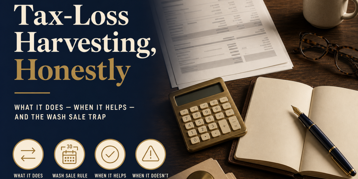 Editorial title card reading Tax-Loss Harvesting, Honestly with subhead What it does, when it helps, and the wash sale trap, alongside a warm walnut desk still life with brokerage statement, brass calculator, leather notebook, navy fountain pen, brass paperweight, and brass-rimmed cream mug. Four icon callouts on the navy panel: What it does, Wash sale rule, When it helps, When it doesn't.