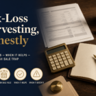 Editorial title card reading Tax-Loss Harvesting, Honestly with subhead What it does, when it helps, and the wash sale trap, alongside a warm walnut desk still life with brokerage statement, brass calculator, leather notebook, navy fountain pen, brass paperweight, and brass-rimmed cream mug. Four icon callouts on the navy panel: What it does, Wash sale rule, When it helps, When it doesn't.