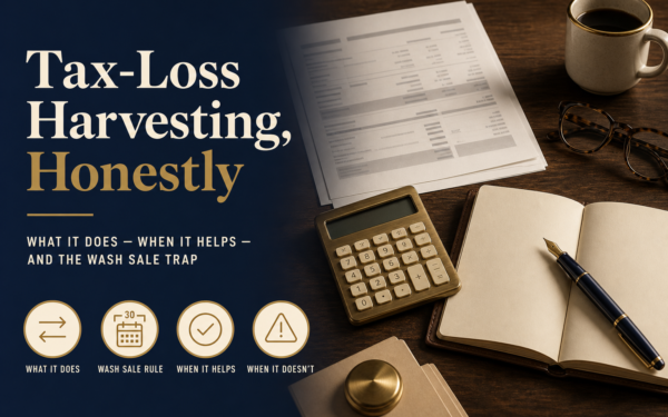 Editorial title card reading Tax-Loss Harvesting, Honestly with subhead What it does, when it helps, and the wash sale trap, alongside a warm walnut desk still life with brokerage statement, brass calculator, leather notebook, navy fountain pen, brass paperweight, and brass-rimmed cream mug. Four icon callouts on the navy panel: What it does, Wash sale rule, When it helps, When it doesn't.