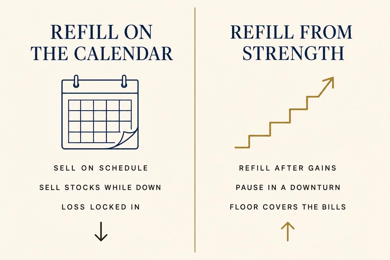 Two-column comparison: refilling a retirement cash bucket on the calendar versus from strength