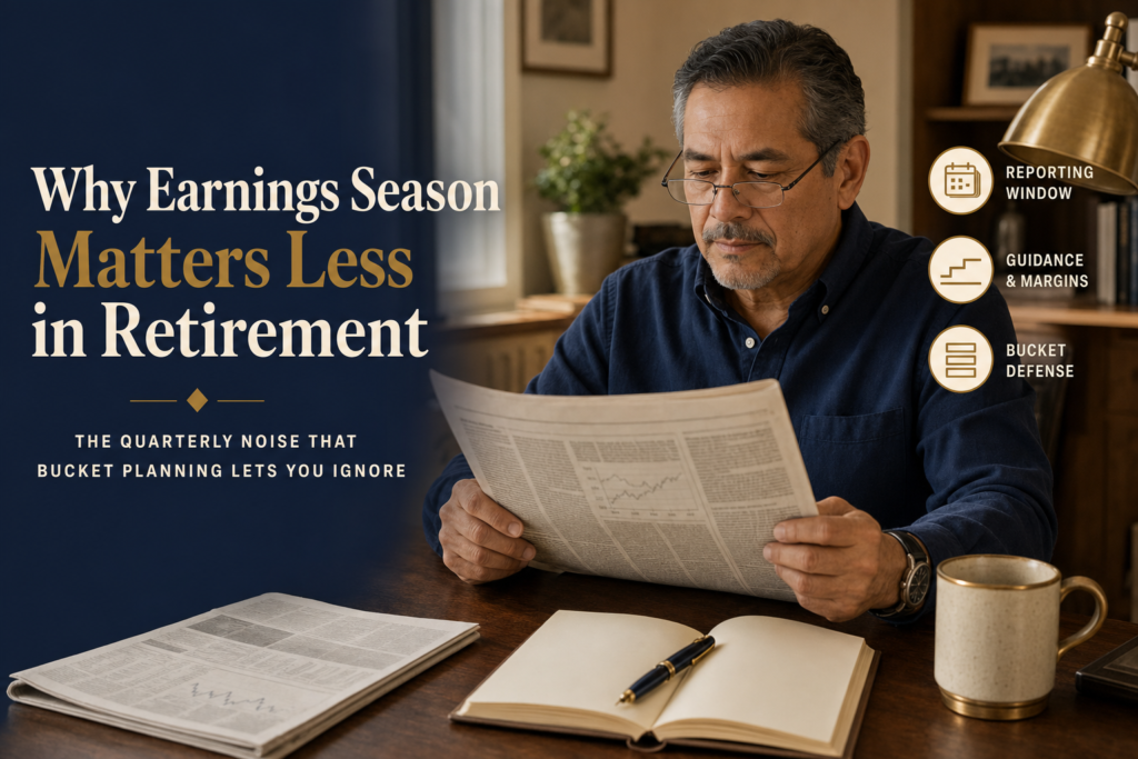 Why Earnings Season Matters Less in Retirement 1 Editorial title card: Why Earnings Season Matters Less in Retirement. Latino man in his early 60s at a sunlit home-office desk reading a folded financial newspaper section.