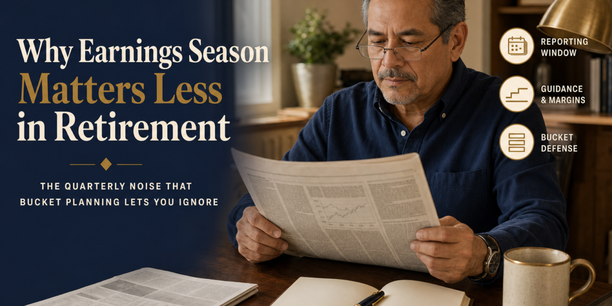 Editorial title card: Why Earnings Season Matters Less in Retirement. Latino man in his early 60s at a sunlit home-office desk reading a folded financial newspaper section.
