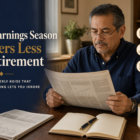Editorial title card: Why Earnings Season Matters Less in Retirement. Latino man in his early 60s at a sunlit home-office desk reading a folded financial newspaper section.
